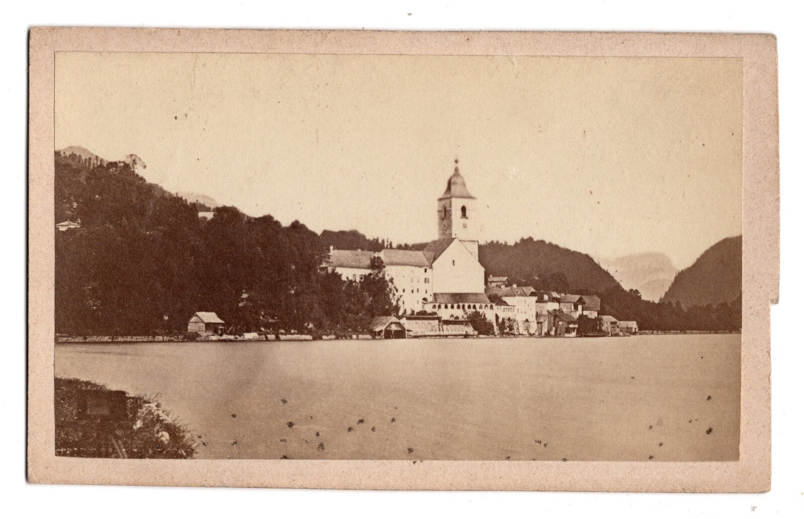 Antique CDV Circa 1880s Scenic View Church Lake Traunsee Gmunden Austria