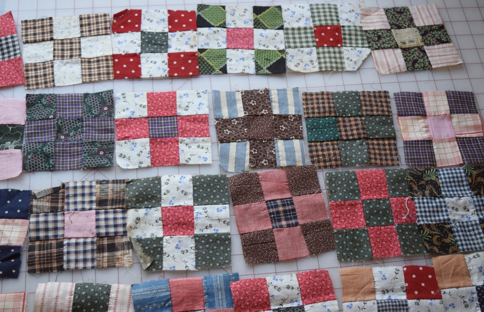 56 antique 1870-90's tiny 9 Patch quilt blocks, neons, indigo, pinks, shirtings