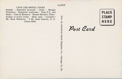 US NY Waterloo East Geneva c.1950 THE CAPE COD MOTOR COURT MOTEL Colorful!