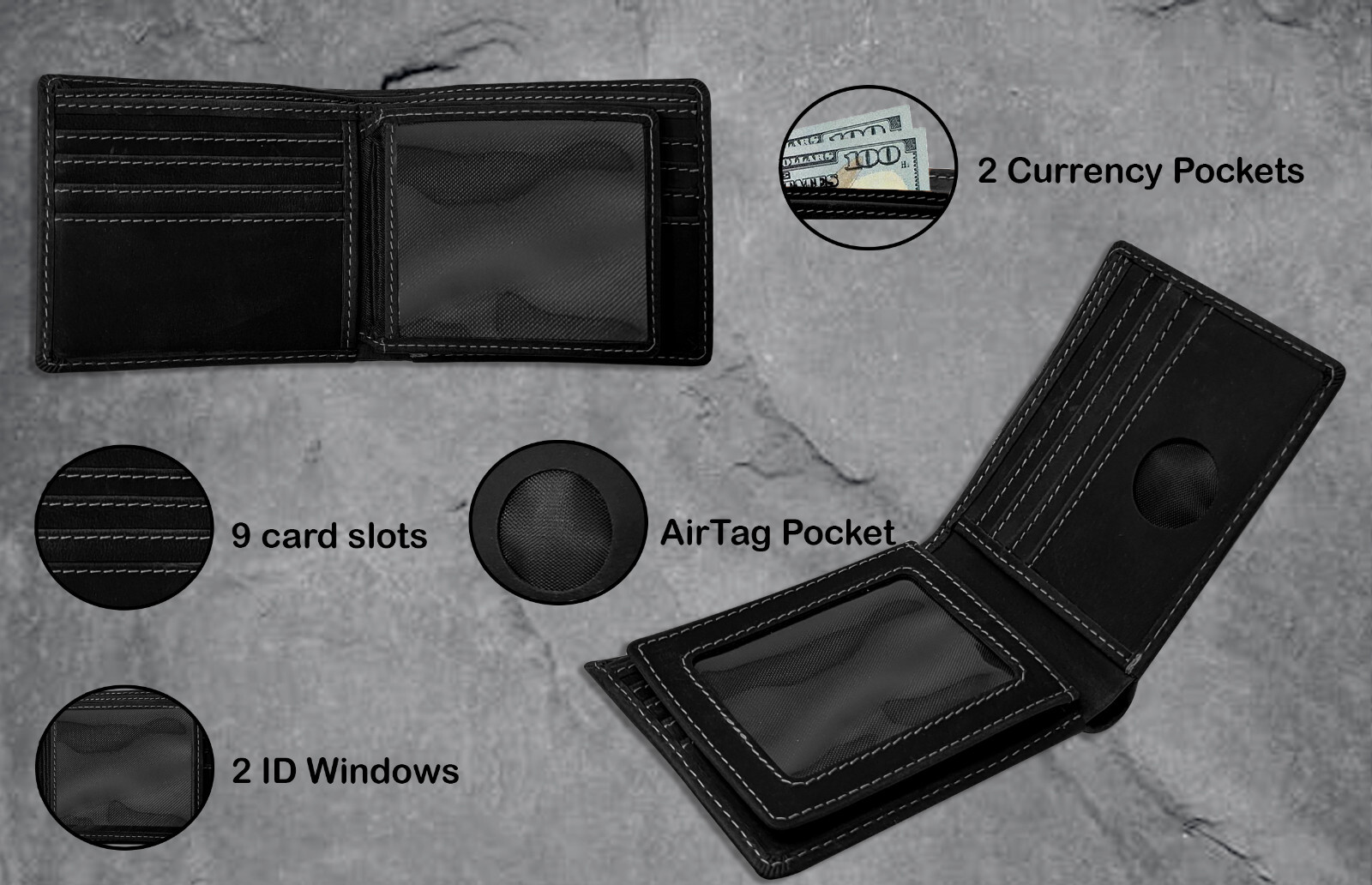 Airtag Wallet & 4-Pack Keychain Genuine Leather Credit Card Holder Air Tag Case