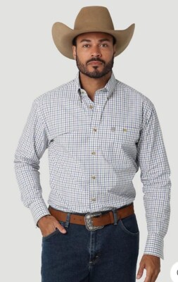 George Strait Cowboy Cut Wrangler Men's Shirt Size 2XL Blue Plaid Long Sleeve