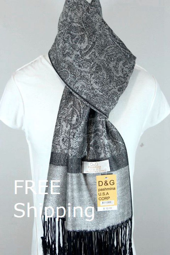 DG Women's Pashmina Scarf Shawl Wrap Paisley Black Silver 30%Silk 70%Cashmere
