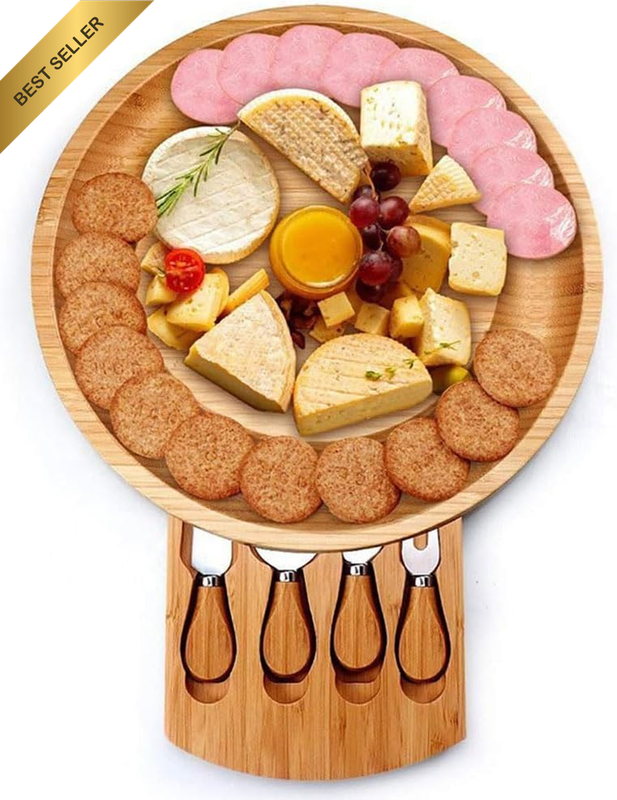 Cheese Board and Knife Set, Bamboo round Cheese Board and 4 Knives Sets with Sli