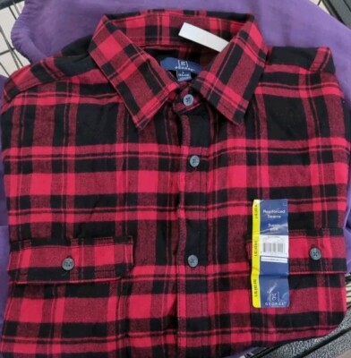 Men's GEORGE Large (42-44) Red Plaid Flannel Long Sleeve Button Down COLLAR