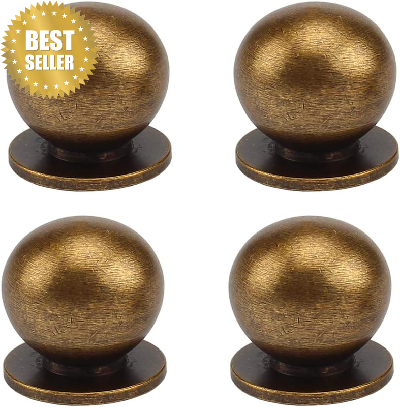 4Pcs 1-1/8 Inch round Solid Brass Pulls Antique Brass Cabinet Drawer Knobs Handl