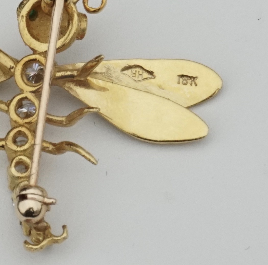 Vintage 18K Yellow Gold Herbert Rosenthal Diamond Dragonfly Brooch Pin
