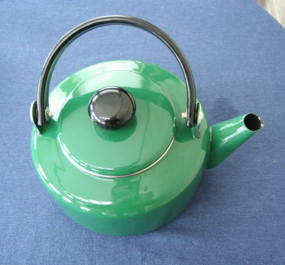 Hunter Green Enamel Tea Pot Kettle With Black Interior & Handle