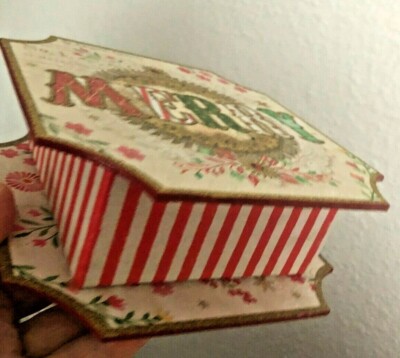 NEW Vtg PUNCH STUDIO Sq MERRY BOX XMAS Gold Gilt Edges RED STRIPE Floral 1