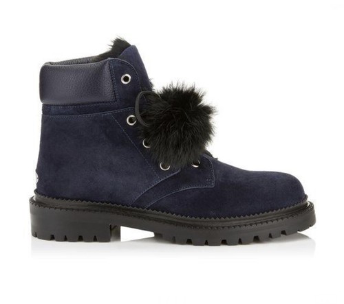 JIMMY CHOO Elba Flat Navy Suede Boots With Fur Pom Poms In Blue Sz 41