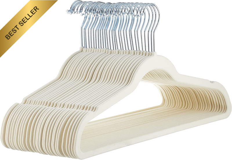 Slim, Velvet, Non-Slip Suit Clothes Hangers, Ivory/Silver - Pack of 30