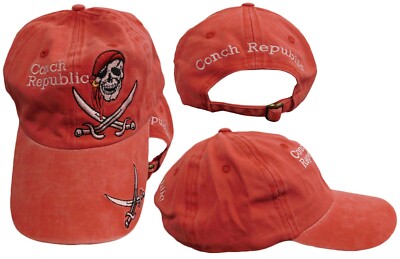Jolly Roger Pirate Conch Republic Red Washed Embroidered Baseball Hat Cap