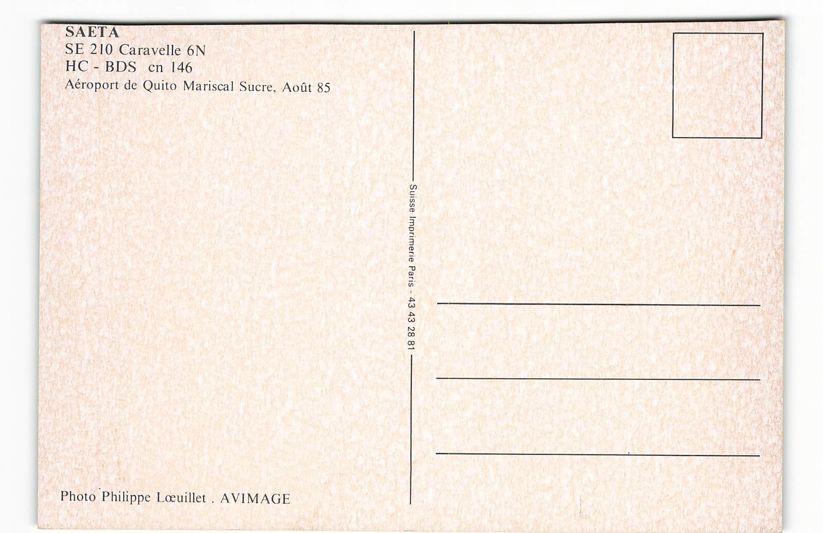 Postcard Airline SAETA SE210 Caravelle 6N HC-BDS AVIMAGE AUC1.