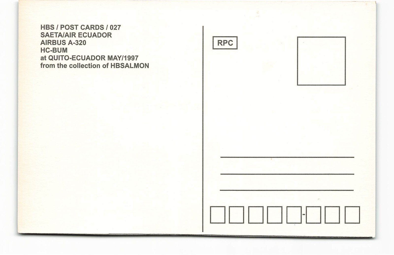 Postcard Airline SAETA AIR ECUADOR Airbus A-320 HC-BUM AUC1.