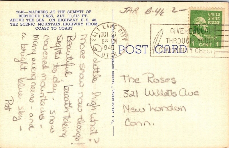 Markers Summit Berthoud Pass Highway US 40 Scenic Mountain Postcard Utah Cancel