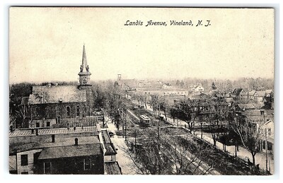 c1901-07 Postcard Landis Avenue Vineland NJ Aerial View Bird's Eye Trolley Car