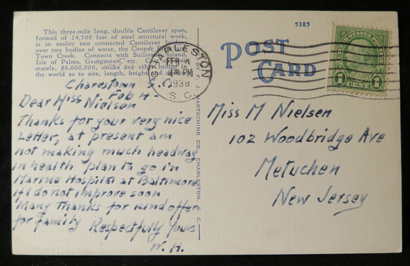 Cooper River Bridge Charleston SC Vintage Linen Postcard 1938 VG