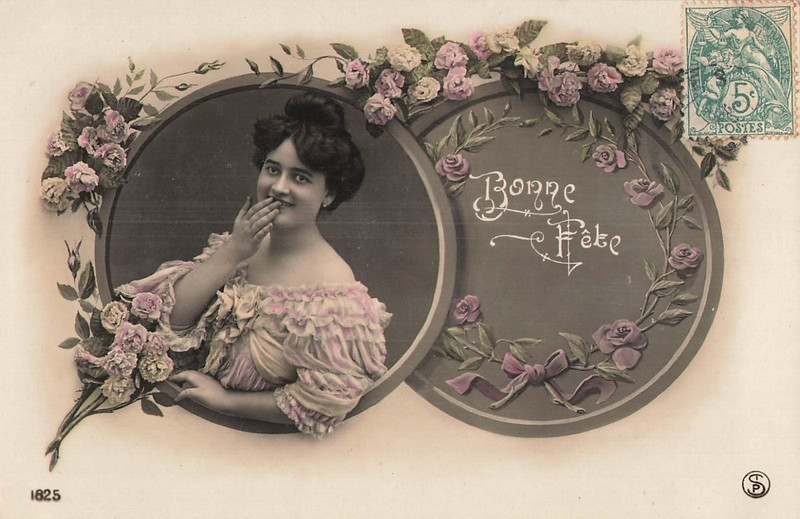 Cp Medaillons Bonne Fete Femme Chignon Envoie Baiser Roses Fleurs  - 25109