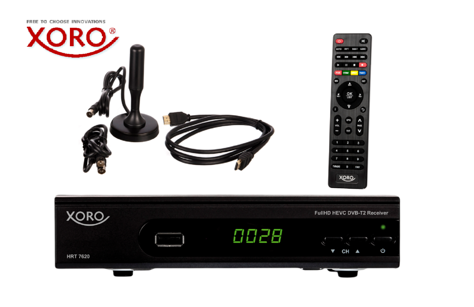 XORO HRT 7620 KIT DVB-T2 HD Receiver mit USB-Rekorder, HDMI-Kabel, Zimmerantenne