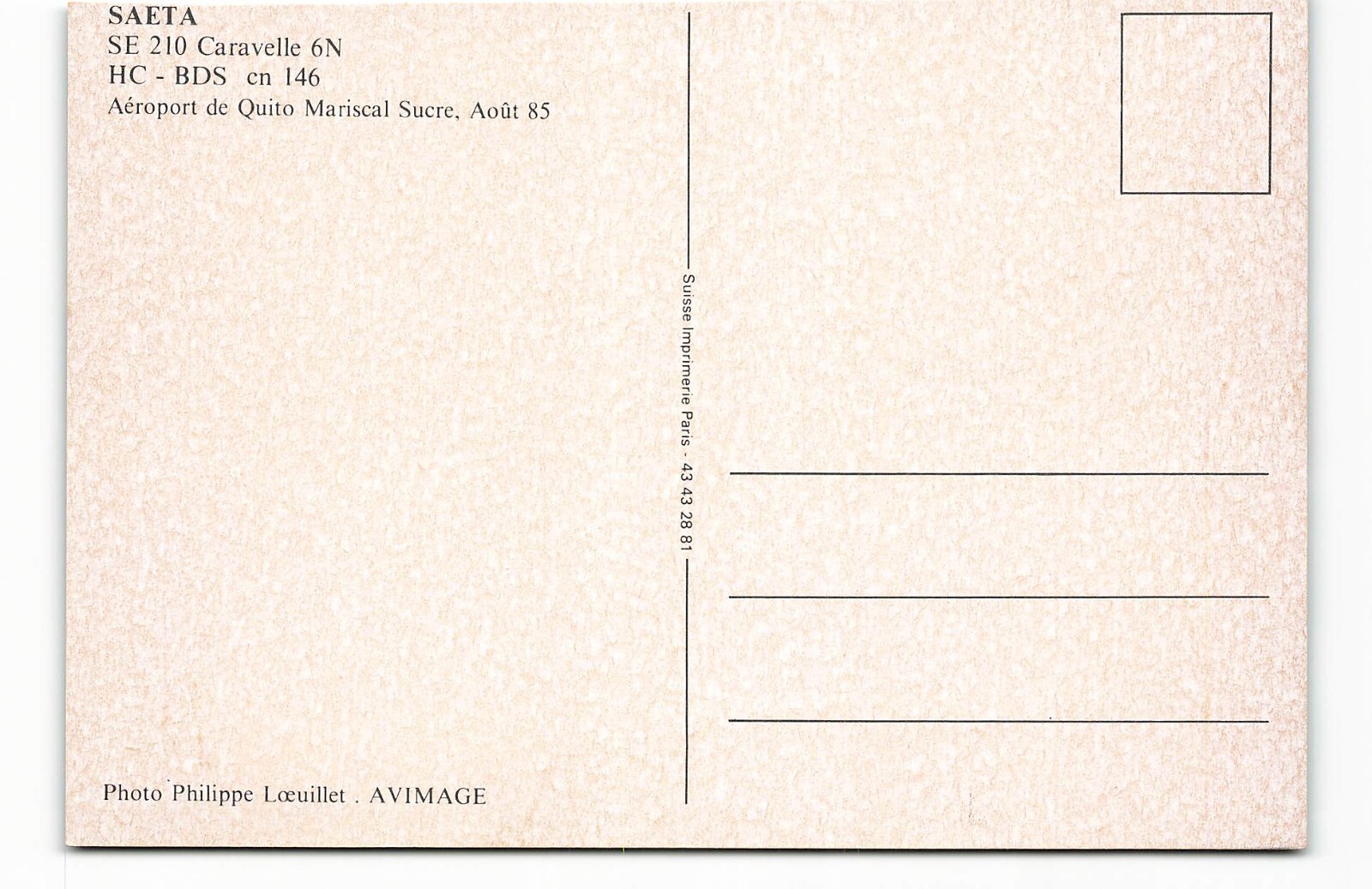 Postcard Airline SAETA SE210 Caravelle 6N HC-BDS AVIMAGE AUC1.