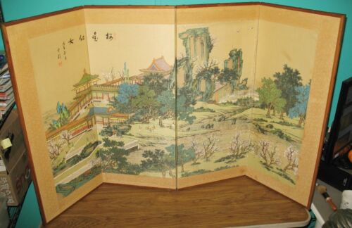 Vintage Byobu Japanese 4 Panel Screen Painting Mountain Stream Town Landscape
