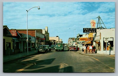 Seaside Oregon Street Pacific Power Signs Cars Oil Truck Shops Postcard Vtg B8