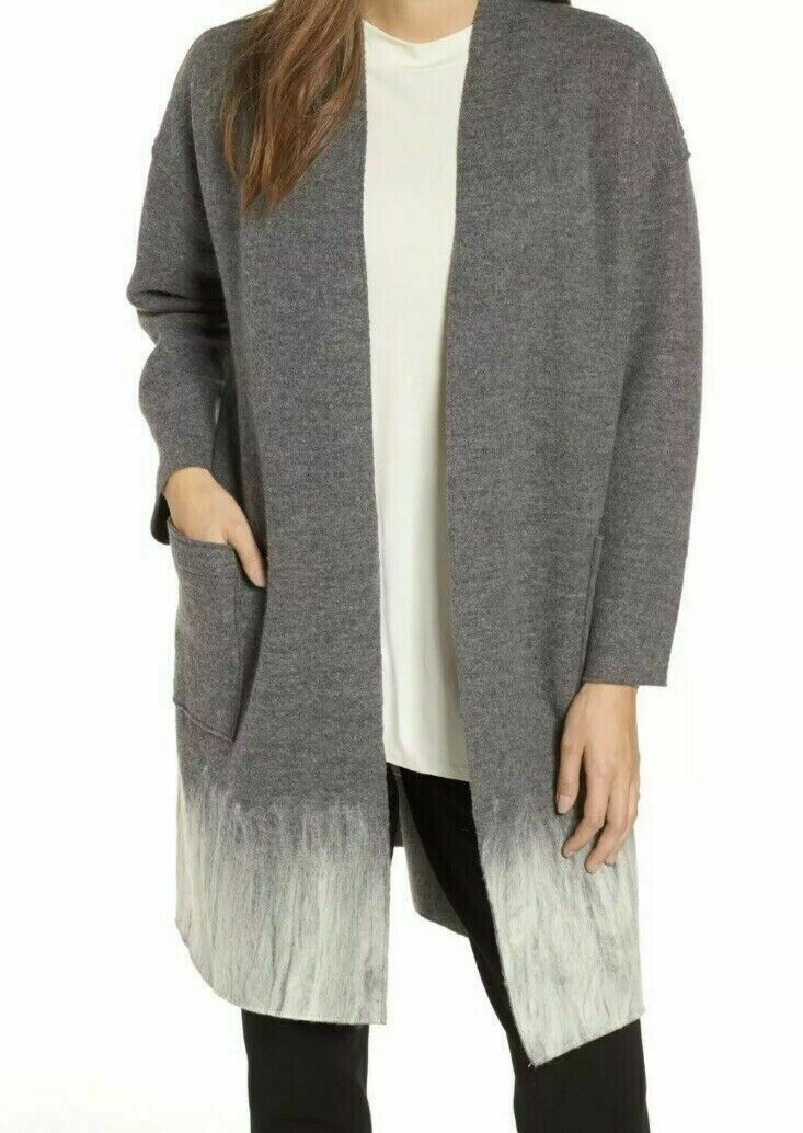 Pre-owned Eileen Fisher $498  Boiled Wool Mohair Ash/soft White Kimono Coat L / Xl