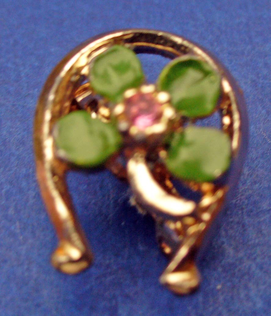 PIN St Patrick Vtg HORSESHOE 4 Leaf CLOVER Enamel Rhinestone Irish Holiday
