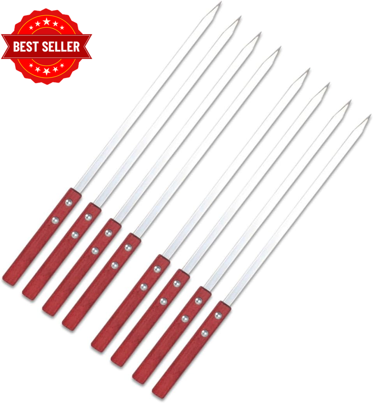 23.6In Stainless Steel Barbecue Skewers with Large Wooden Handles, Reusable Flat