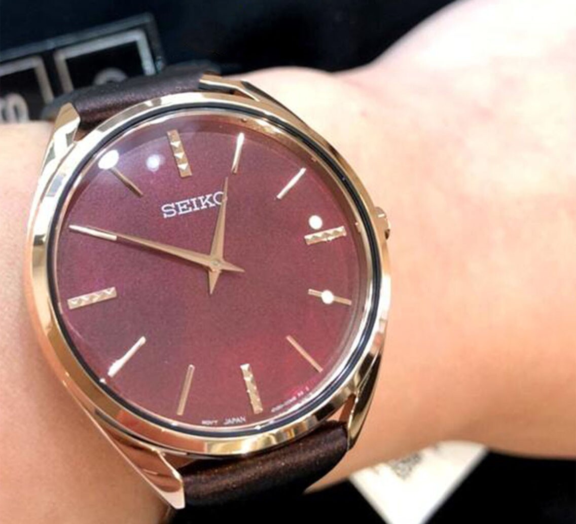 Pre-owned Seiko Swr082p1 Classic Maroon Dial Analog Brown Leather Quartz Ladies Watch