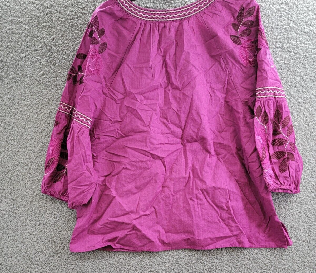 Charter Club Embroidered Bubble-Sleeve Top Women's XL Fuchsia V-Neck 3/4 Sleeve - Picture 10 of 16
