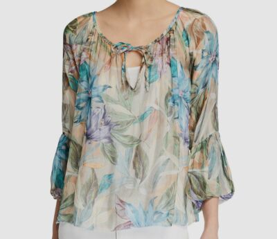 $98 Moda Seta Women's Blue Floral 3/4 Bubble Sleeve Silk-Blend Blouse Top Size L