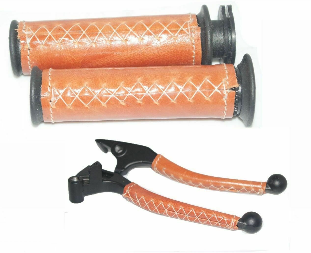 Fits Royal Enfield Tan Leather Covered 7/8" Handlebar Grip & Lever Set 