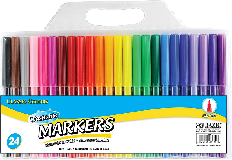 BAZIC 1282 Washable Watercolor Fine Line Markers, 24 Pack