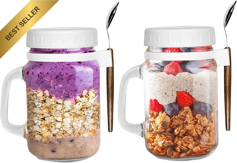 4Pack Overnight Oats Containers with Lids and Spoon, 16Oz Large Capacity Glass Y