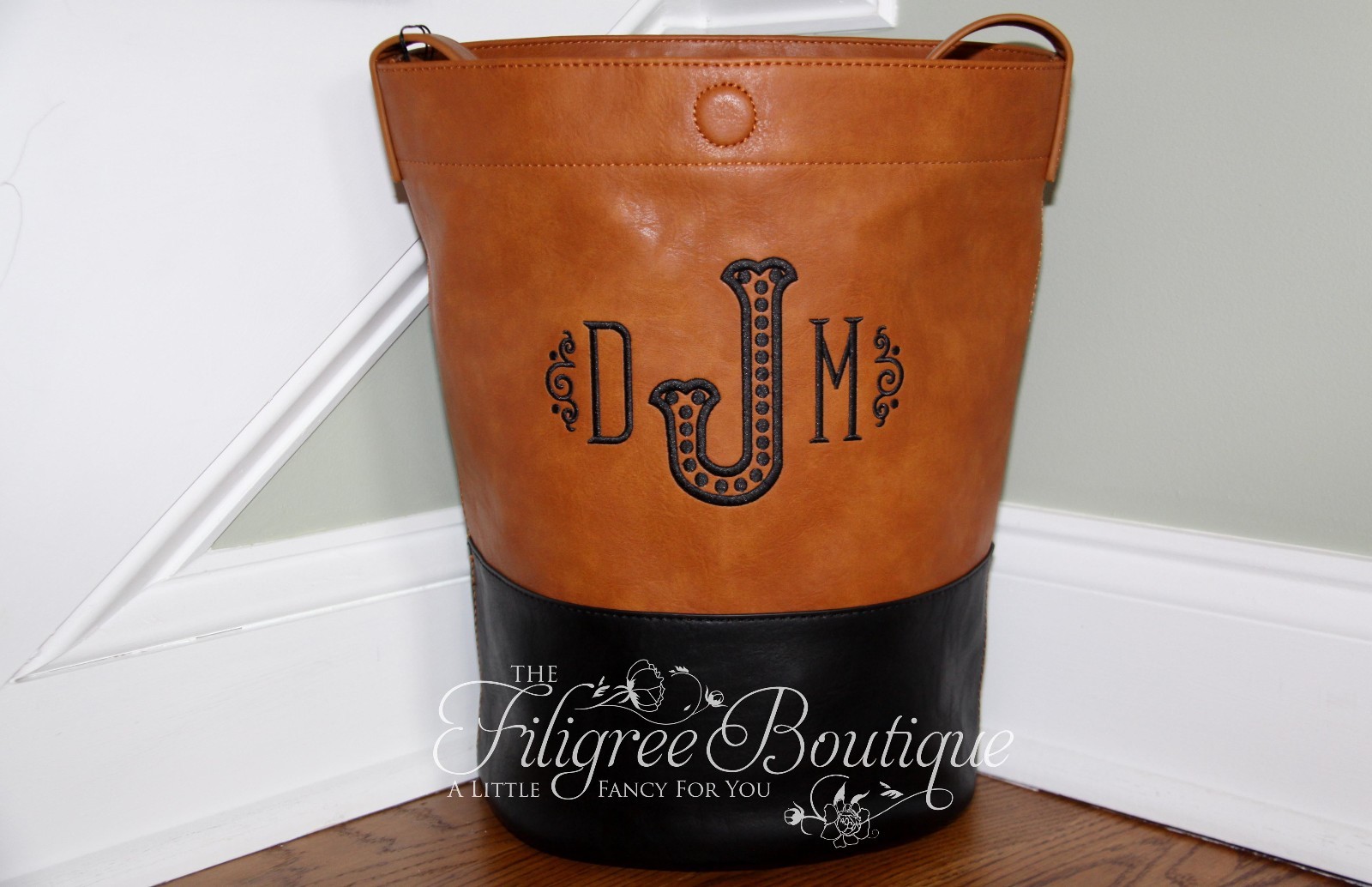 Monogrammed Vegan Leather Bucket Tote Closure Cognac Black 2-Tone High-End Look