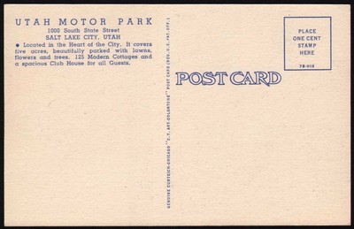 Vintage postcard UTAH MOTOR PARK Salt Lake City Utah cottages pictured unused