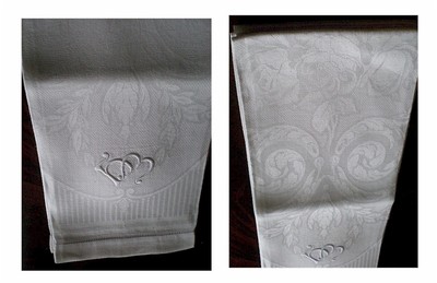 Gorgeous Vintage Linen Damask Towels Embroidered Monogram Set of 5