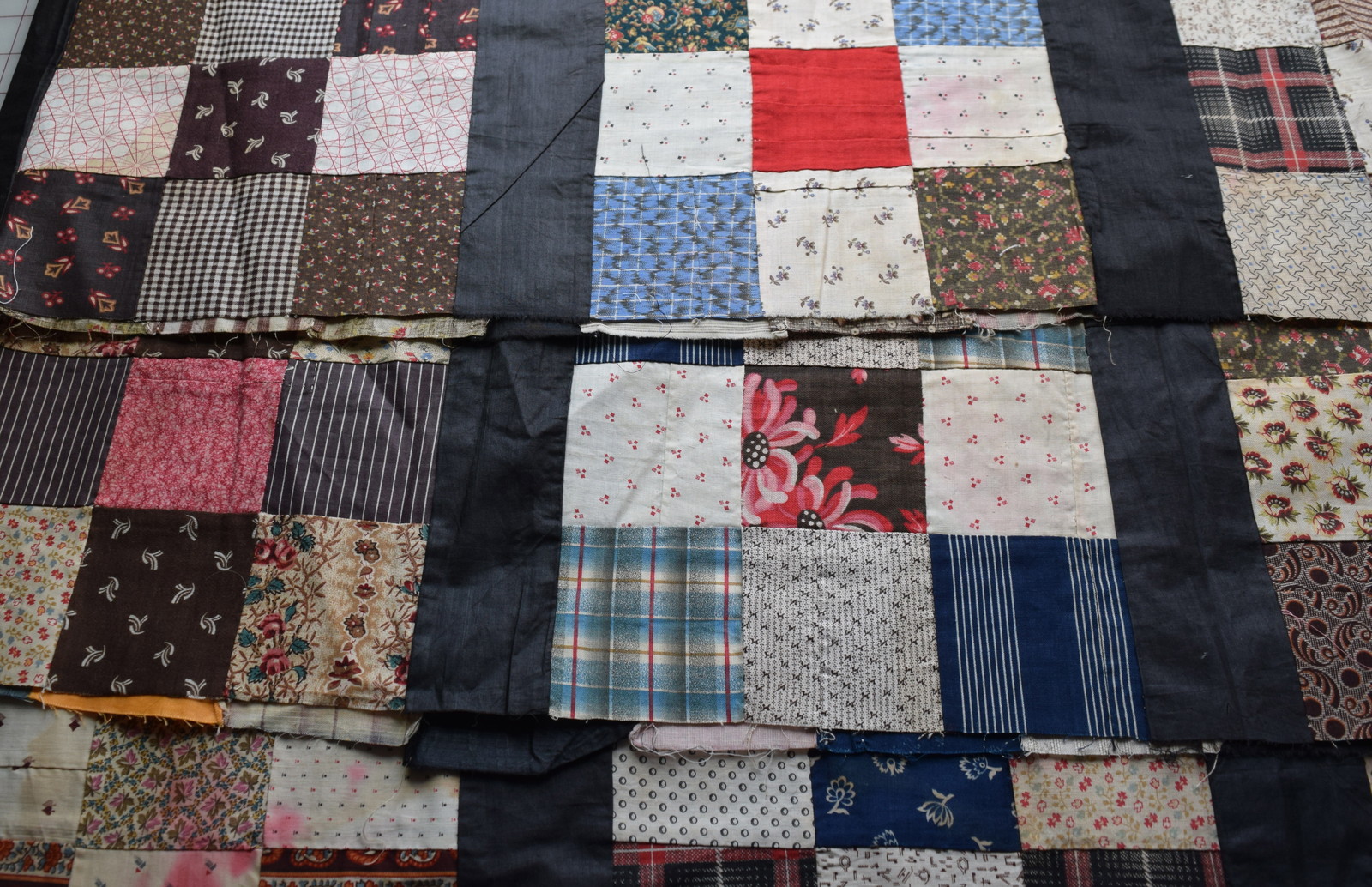 31 1870-80's 9 Patch quilt blocks, sewn into strips, fabulous prints