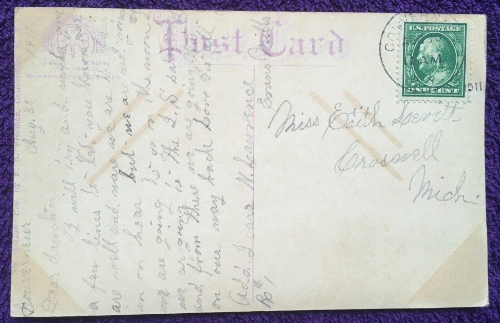 ANTIQUE 1911 NEW YORK STATE POSTCARD = MEZZOCHROME - FREEMAN N.Y.