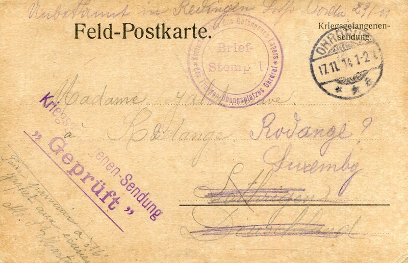 Soldat Jules Tondeur 45 Ã¨ RÃ©Giment Territ. Prisonnier Ã©Crit Ã  Rodange Cachets