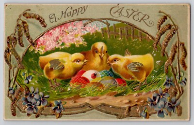 Easter Chicks in Field Around Hating Decorated Eggs Fantasy Postcard c1910s
