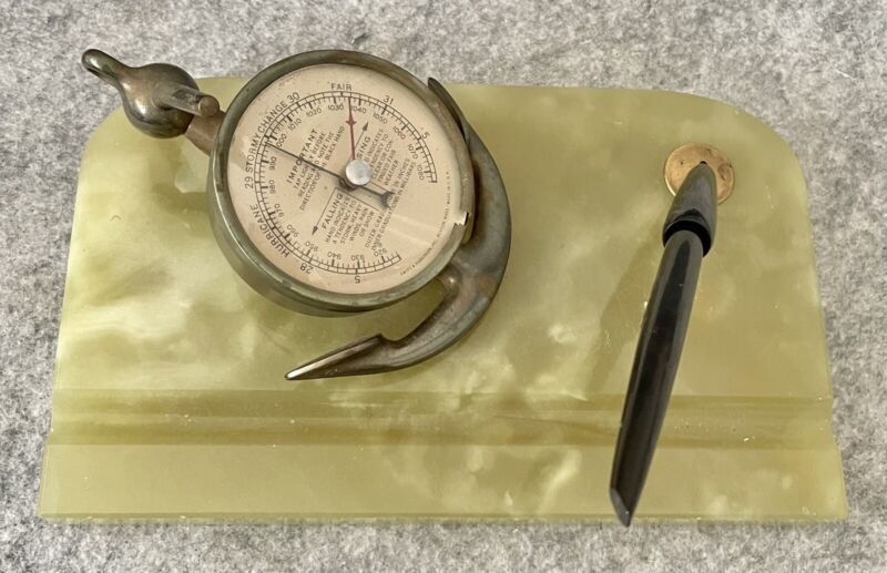 Waterman c. 1940s Desk Fountain Pen Base w Barometer + 100 Year Pen ~~New Sac