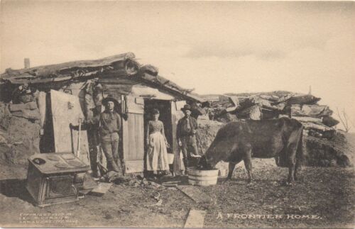 COWBOYS & LADY AT SOD AND TIMBER HOME ORIGINAL VINTAGE CORNISH 1907 POSTCARD