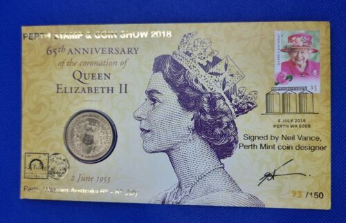 2018 Perth Coin & Stamp Show numbered PNC with $1 coin 65th Anniversary  QE2