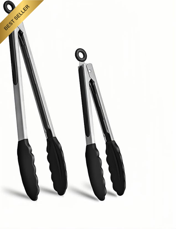 Set of 2 Black Silicone-Clad Stainless Steel Tongs - 9-Inch & 12-Inch Cooking Ut