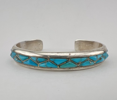 アクセサリー NAVAJO Silver Turquoise Edge Bangle Vtg Navajo Sterling Silver Kingman Turquoise 3D Flush Cuff
