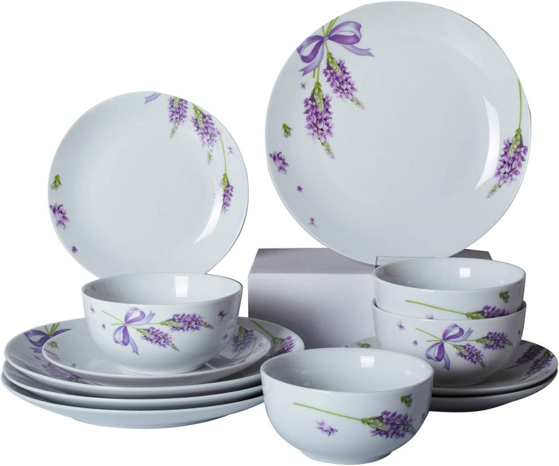 12-Piece Porcelain Kitchen Dinnerware Set with Purple Lavender Pattern, round Di