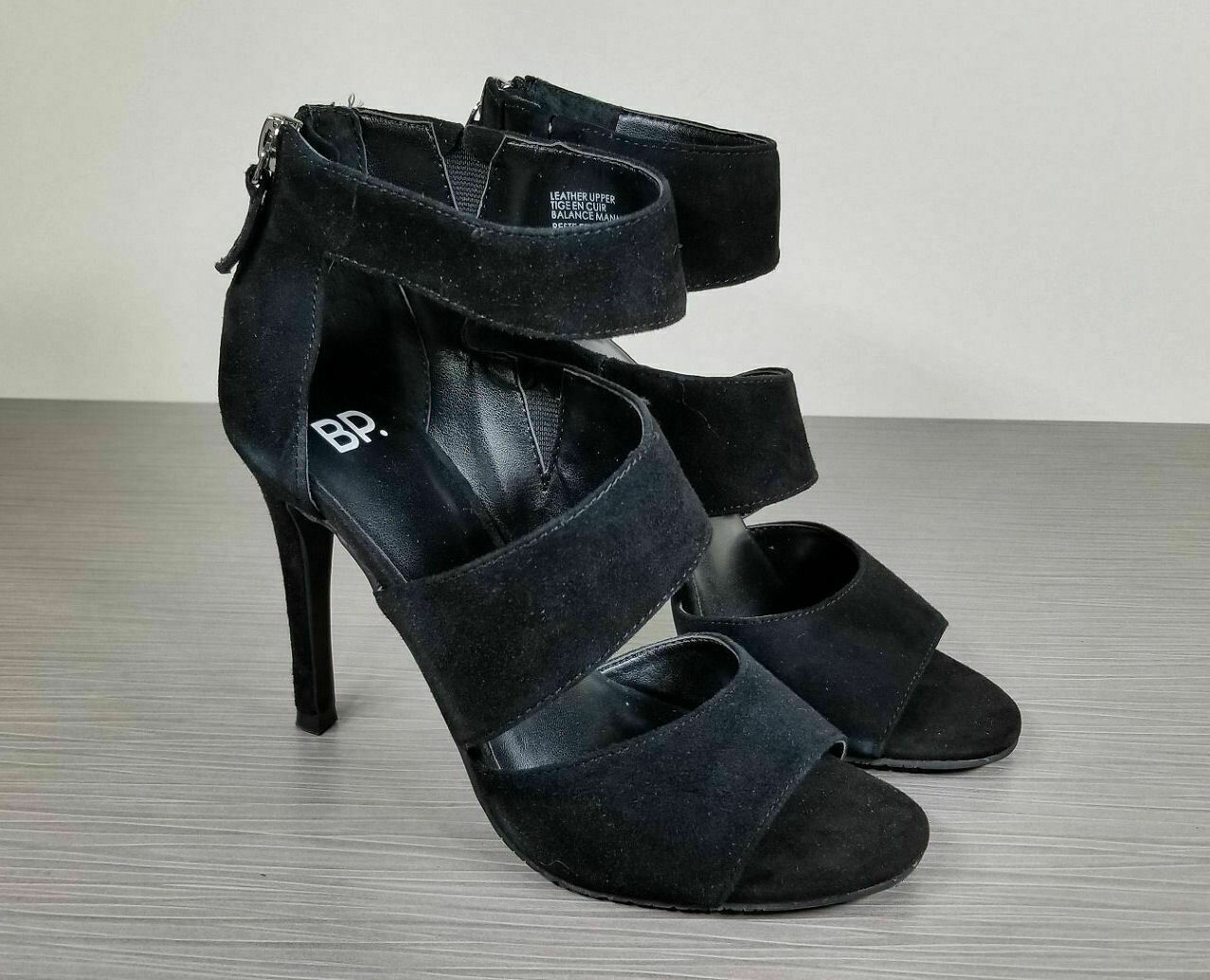 BP. Allie Asymmetrical Cage Sandal, Black Leather, Womens Size 5.5 M