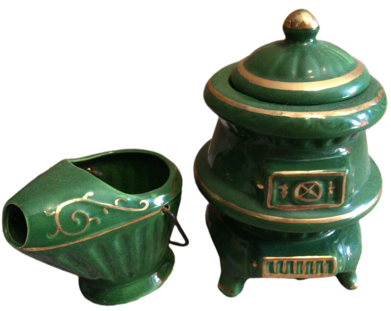 VINTAGE POT BELLY STOVE & COAL BUCKET CREAMER & SUGAR RARE