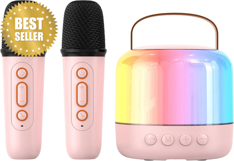 Pink Karaoke Machine 2 Wireless Mics Voice Changer LED Speaker Kids Toy